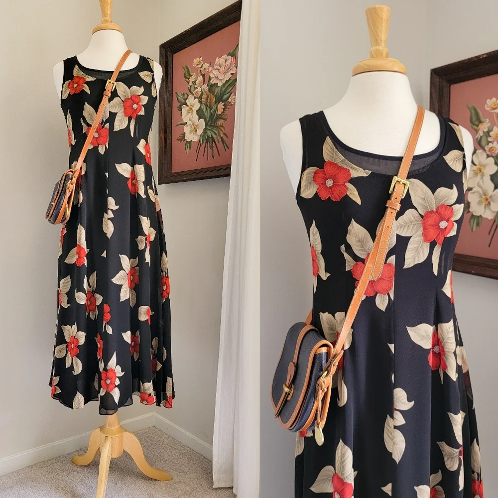 90s Black Floral Silk Scoop Neck 1990s Vintage Fully Lined Sleeveless Midi Dress - Picture 1 of 14